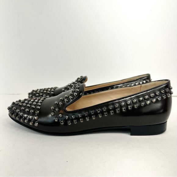 Prada Black Leather Silver Studded Smoking Loafer flats Size 38 US Size 8 - Picture 4 of 10